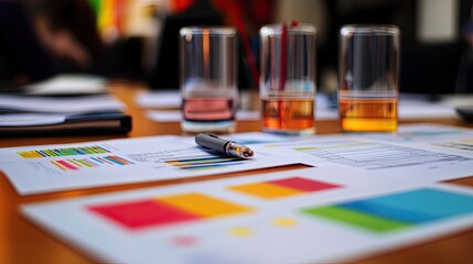 Poster - Business meeting documents with colorful charts and a pen