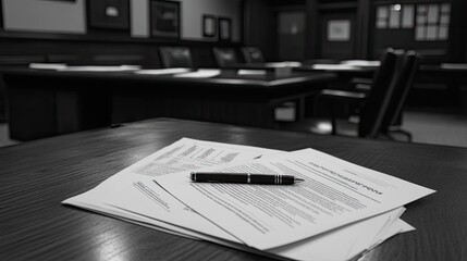 Poster - Documents and Pen Rest on a Dark Wooden Desk