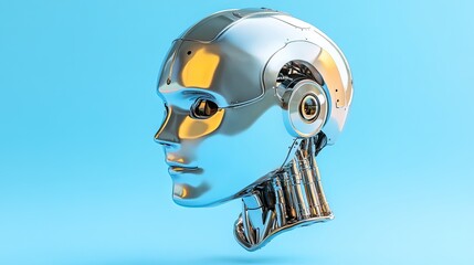 Poster - Chrome Robot Head Profile Against Blue Background