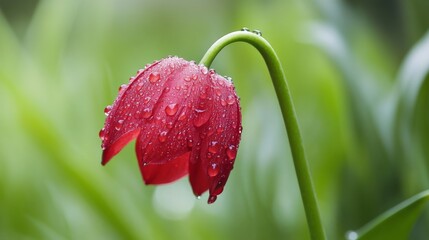 Poster - A single red flower with water droplets glistening on its petals, surrounded by blurred green foliage in the background.