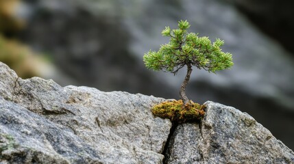 Aufkleber - A small tree emerging from a crack in a rock, symbolizing resilience and strength in nature.