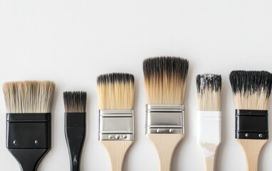 Paintbrushes of different sizes and colors lie on a white surface with space for text.