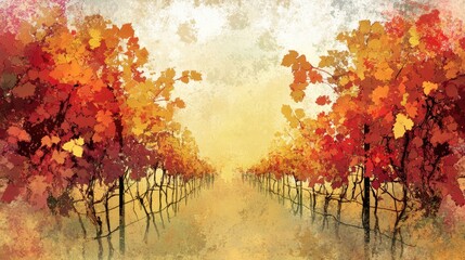 Poster - Autumn Vineyard Pathway Painted Landscape