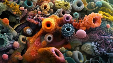 Poster - Exploring vibrant bacterial forms and textures in a microscopic world of color and shape. Generative AI