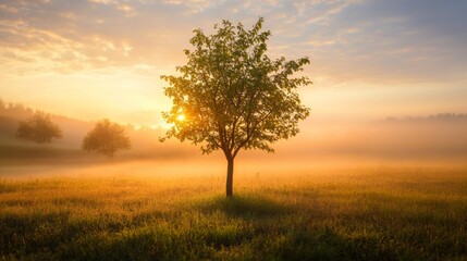 Aufkleber - A young tree growing in an open field, with golden rays of sunrise shining through the morning mist.