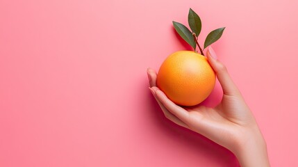 Poster - A Hand Gently Holding A Fresh Grapefruit With Leaves