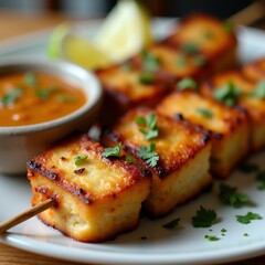 Wall Mural - The image shows a plate of grilled cheese skewers on a wooden table. The skewers are golden brown and appear to be crispy on the outside. They are garnished with fresh parsley and a slice of lemon.