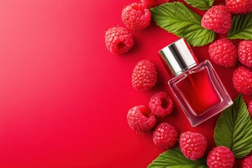 Wall Mural - Minimalistic perfume bottle displayed elegantly on a vibrant red surface, complemented by fresh raspberries and lush raspberry leaves for a sweet ambiance