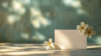 Wall Mural - Blank Card with Delicate White Flowers in Soft Sunlight