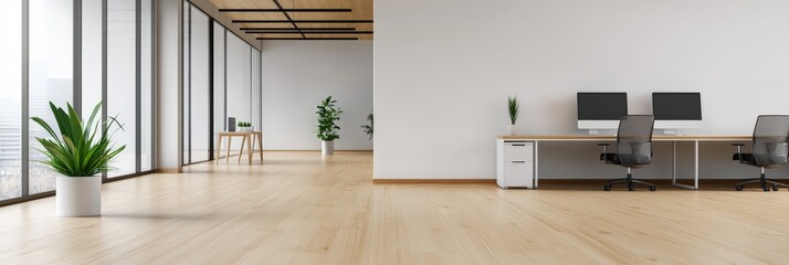 Aufkleber - Large modern office space with wooden floor and white walls featuring two desks with computers and a blank wall, ideal for mockup, showcasing a minimalist and professional environment