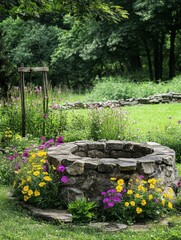 Aufkleber - Old stone well surrounded by colorful flowers in a lush garden setting with green trees. Generative AI