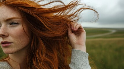 Wall Mural - Redhead Woman With Windblown Hair Outdoors