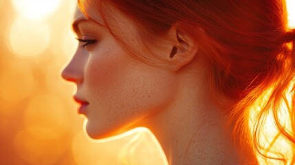 Wall Mural - Redhead Woman Profile Golden Sunset Light