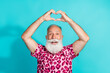 © deagreez - Photo of funny aged man arms show heart wear leopard print outfit isolated on teal color background