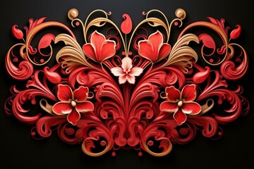 Poster - Intricate floral ornament with red and gold paper flowers and swirls creating a symmetrical design, ideal for luxury and elegant projects