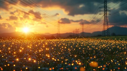 Wall Mural - sunset over a field of glowing flowers and power lines.