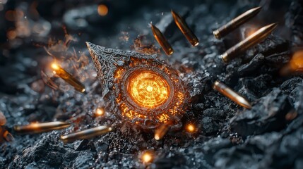 Poster - Ancient khmer talisman glowing amidst bullets mysterious cave digital art dark environment close-up view concept of power