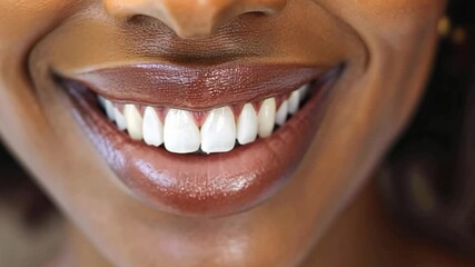 Poster - A woman with a radiant smile reveals her beautifully whitened teeth during a cosmetic dentistry consultation in a bright clinic. Natural light enhances her joyful expression.