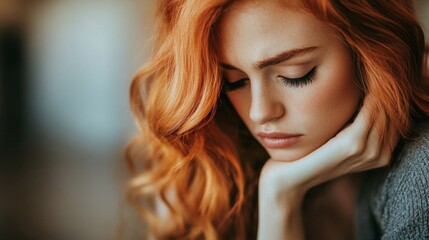 Wall Mural - Red haired woman pensively rests her chin on her hand