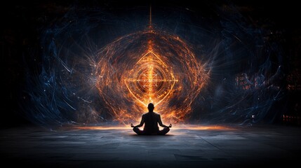 Poster - Devotee meditating before the four spiritual realm digital art cosmic environment serene viewpoint inner peace concept