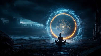 Aufkleber - Devotee meditating in mystic glow ocean shore digital art serene environment tranquil perspective