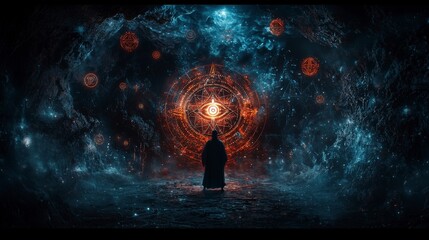 Aufkleber - Mystical devotee engaged in arcane ritual enchanted cavern digital art surreal environment fantasy concept