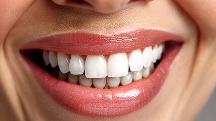 Poster - This display features a close-up of a womans radiant smile, showcasing perfect white teeth, enhanced through cosmetic dentistry techniques.