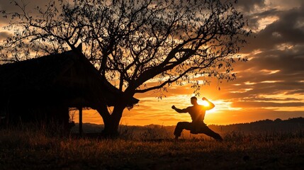 Poster - Fitness concept martial artist practicing traditional techniques in a serene sunset rural landscape