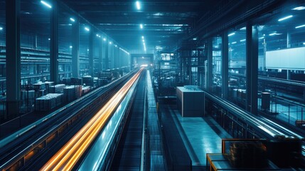 Poster - Nighttime Industrial Factory Conveyor System Light Trails