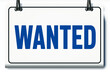 © DilSpace - Wanted title. Simple 'WANTED' title board with bold text on a white backdrop. For help wanted, urgency, requirements, or advertising needs themes.