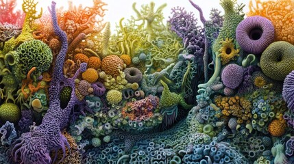Poster - Exploration of intricate bacterial structures showcasing vibrant colors and diverse textures in a fascinating microbial landscape. Generative AI