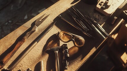 Poster - Assorted Tools and Safety Glasses Resting on Wooden Surface