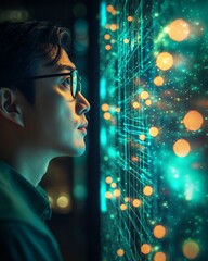 Poster - Futuristic Tech Vision Korean Man Exploring Holographic Transportation Grid