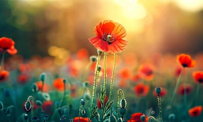 Wall Mural - bright red poppy flower illuminated by sunlight in field of poppies at sunset