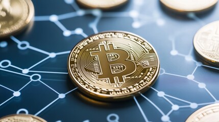 Poster - Golden bitcoin cryptocurrency is laying on a dark background with network connections, showing the concept of decentralized digital currency and blockchain technology