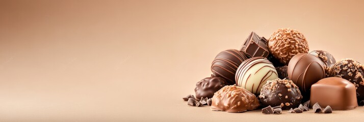 Aufkleber - Chocolate pralines of different shapes and colors creating a delicious composition on a brown background, perfect for valentine's day or a special occasion gift