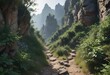 © Phetthanousack - A dense thicket of thorny bushes blocks a narrow mountain path, forcing travelers to navigate around it , difficult navigation, obstructed passage, overgrown vegetation