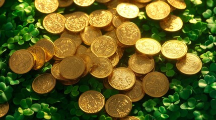 Wall Mural - Golden coins scattered on lush green clover