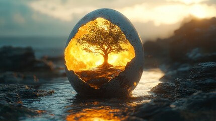 Wall Mural - A glowing tree inside a cracked egg on a shore.