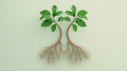 Wall Mural - A symmetrical arrangement of two small plants with green leaves and roots, set against a light background, symbolizing growth and connection.