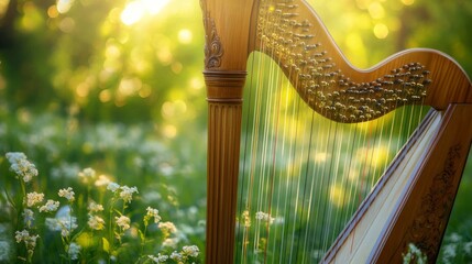 Wall Mural - Harp in a Sunny Green Field of Flowers