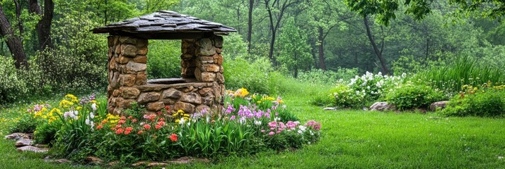 Aufkleber - Old stone well surrounded by vibrant flowers and lush greenery in a serene outdoor setting. Generative AI