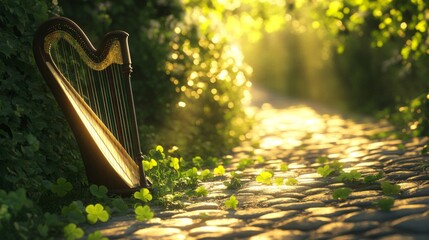 Poster - Harp resting gently beside a sunlit cobblestone path