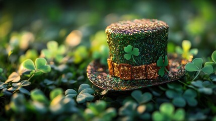 Wall Mural - A Glittering Leprechaun Hat Rests Among Shamrocks