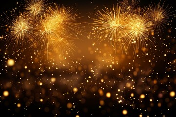 Poster - Bright golden fireworks exploding against a dark night sky with bokeh effect, perfect for celebrations and festive events