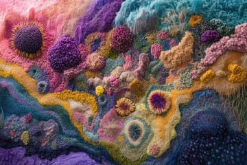 Poster - Vibrant abstract representation of bacteria with diverse colors and textures in a sprawling landscape formation. Generative AI