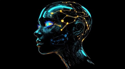 Poster - Futuristic Humanoid Head in Side View with Neon Blue and Yellow Lines