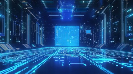 Poster - Futuristic Circuit Board with Electronic Lines on Blue Background