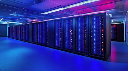 Poster - Modern Sleek Data Center with Vibrant LED Server Racks