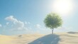 © Thirakun - Tree standing alone in the center of a desert with rolling sand dunes and clear skies